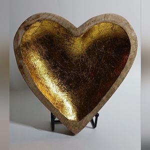 Bloomingville Wood Heart Bowl W/ Gold Leaf Design - Brand New - Decor